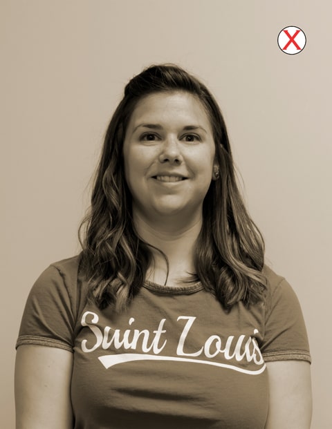 Example of bad color filter A headshot of a woman wearing a SLU t-shirt. The color of the image has been changed to a sepia tone.