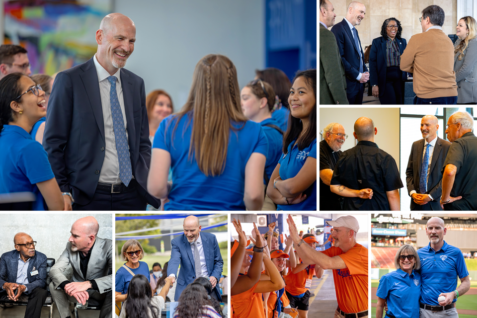 Edward Feser, Ph.D. A collage of photos featuring Dr. Edward Feser and his wife, Kathy, interacting with members of the SLU community.