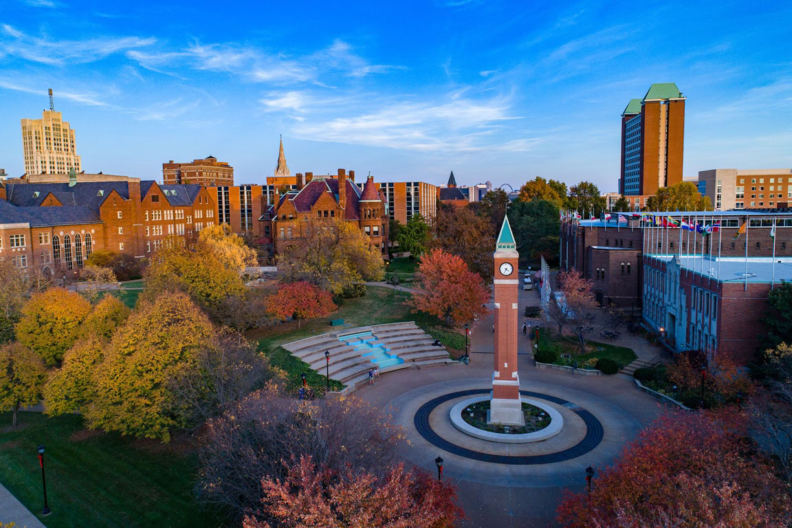 Aerial photo of SLU's clocktower taken on a fall day. 